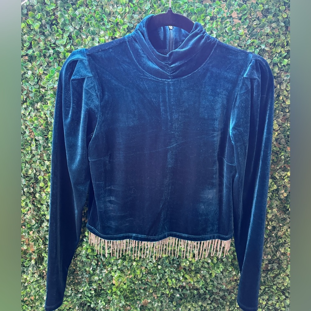 Joie Teal Velvet Mock Neck Long Sleeve.
Silver Rhinestone Fringe. NWT
